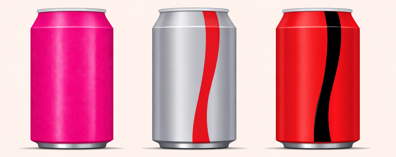 Three soda cans showing the progression: TaB (pink), Diet Coke (silver with red), and Coke Zero (red with black)